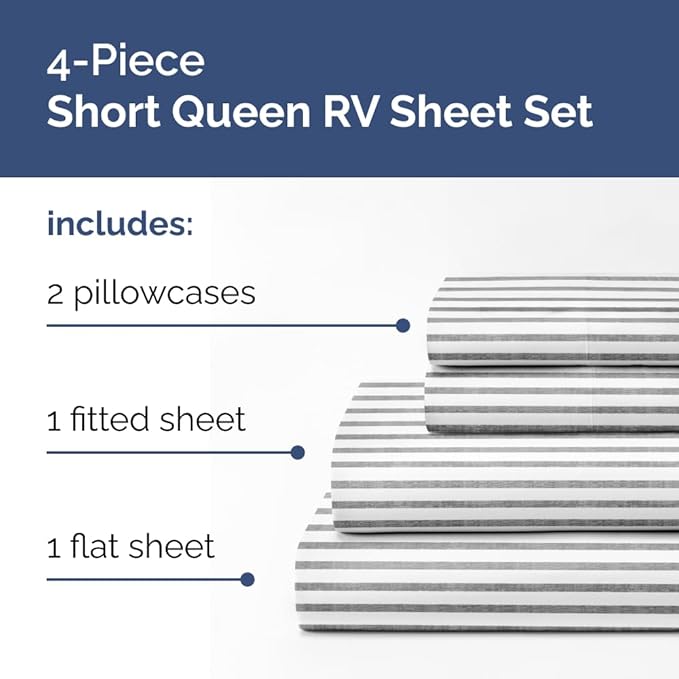 Short Queen Size 4 Piece Sheet Set - RV Short Queen, Soft, Breathable & Cooling Bed Sheets Set w/ Deep Pockets - Hotel Luxury Bedding for Women, Men, Kids, Teens, Boys & Girls, Oeko-Tex - Grey Stripes