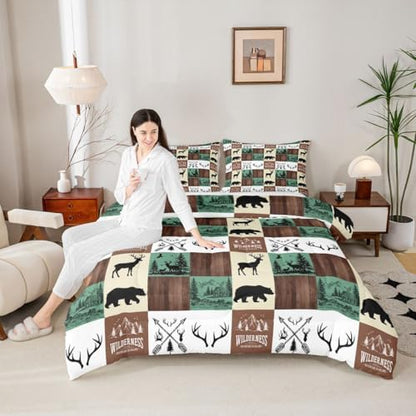 Hunting Bear Deer Bedding Set, Farmhouse Lodge Cabin Comforter Set Full Size for Kids Boys Teens Bedroom Decor, Rustic Woodland Moose Duvet Insert Western Country Patchwork Quilt with 2 Pillow Cases