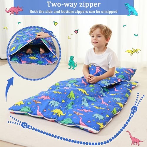 Toddler Nap Mat for Preschool 50''x30'' Sleeping Mat with Removable Pillow and Minky Blanket for Kids Ages 3-7 Roll Up Soft Sleeping Bag for Boys Girls Kindergarten Daycare Sleepover