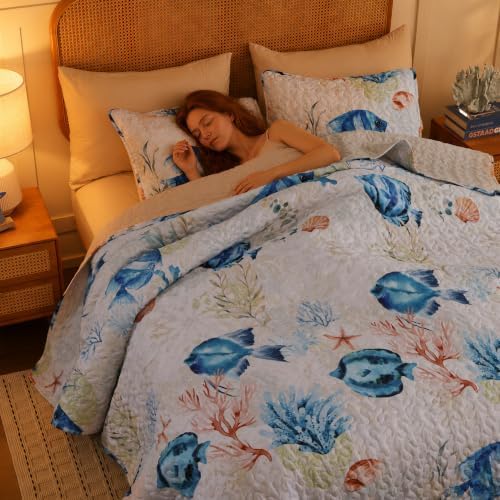 weigelia Coastal Quilt Bedding Set King Size, Nautical Summer Bedspread