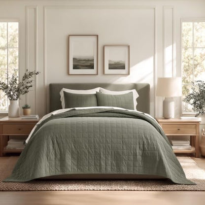 EVERGRACEHOME 100% Cotton Box Stitch Quilt Set, Oversized King, Olive Green