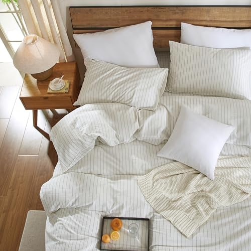 Striped Duvet Cover Set 3 Piece 100% Washed Cotton Linen Like Textured Bedding Comfy Breathable Lightweight (Queen, Wide Stripe-White/Green)