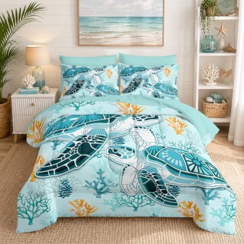 HOSIMA 7Pcs Sea Turtle Comforter Set Ocean Themed Bedding Queen for Kids.
