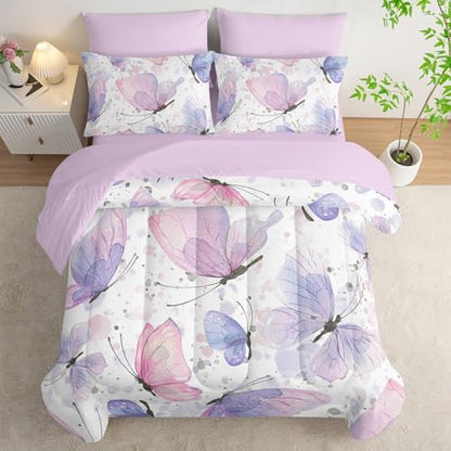 7Pcs Comforter Set Butterflies Printed Bedding Set with 1 Comforter, 1 Flat Sheet, 1 Fitted Sheet and 4 Pillowcases for Boys and Girls Bedroom All Season(Butterflies-2 Twin)