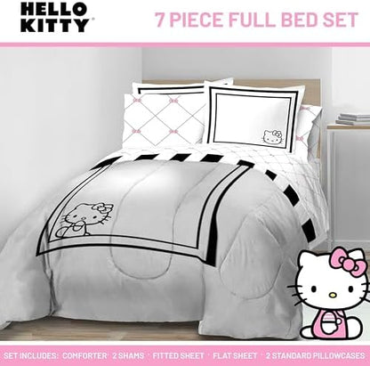 Sanrio Hello Kitty Full Comforter Set 7 Piece Bedding for Girls, White