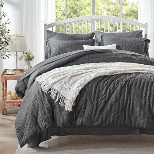 Queen Comforter Set 7 Piece, Dark Grey Bed in a Bag Queen Bedding Sets