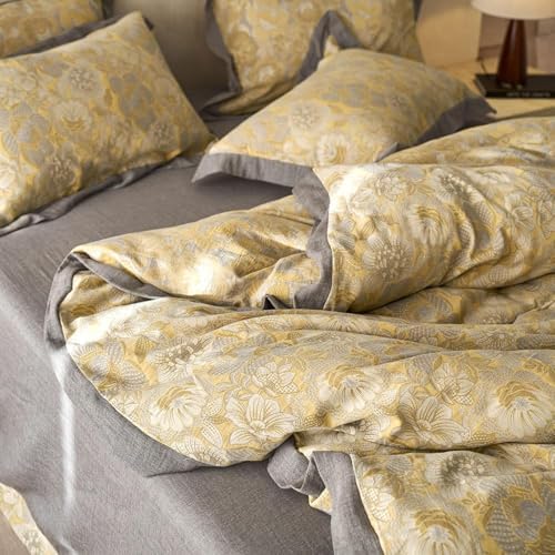 Golden Floral Duvet Cover Twin XL Vintage Jacquard Flower Bedding Set Linen Cotton Yarn-Dyed Textured Duvet Cover Bordered Farmhouse Boho Floral Comforter Cover with Zipper Closure Cozy Breathable