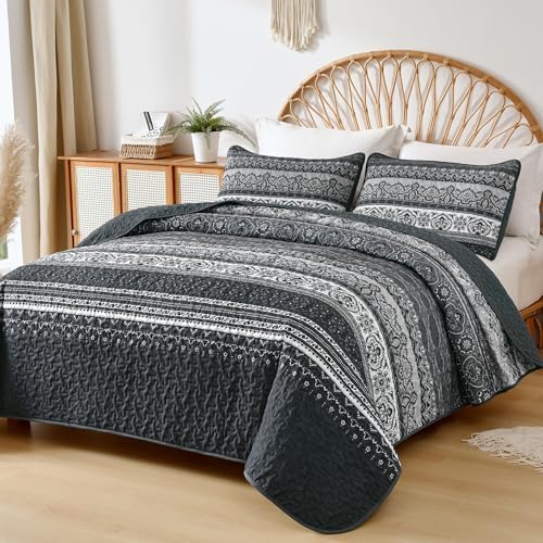 WONGS BEDDING Boho King Quilt Bedding Set, 3 Pieces Bedspread, Black