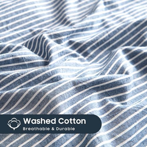 Wake In Cloud Striped Cotton Duvet Cover Set, Denim Blue, Queen