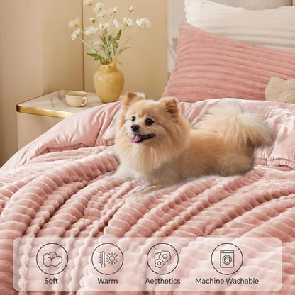 BEDELITE Fleece Oversized Queen Comforter Set, Fluffy Bed Set, Dusty Pink