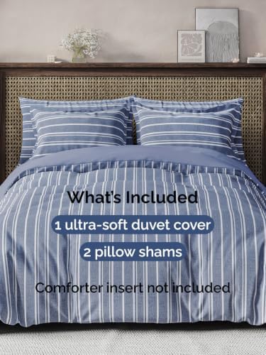 Duvet Cover Queen Size - 3 Piece with Zipper Closure - Blue Stripes