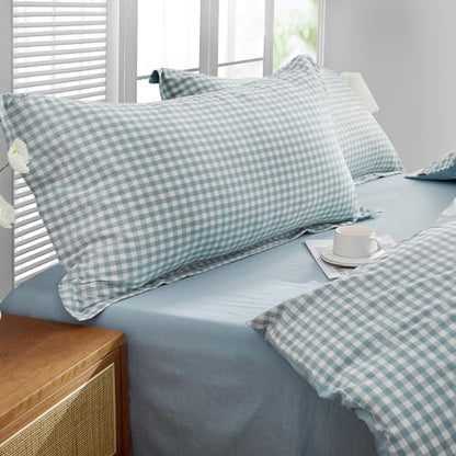 SAPHREAS Light Blue Plaid Duvet Cover Full Size 3pcs 100% Washed Cotton Soft Comforter Cover Simple Style 1 Blue Grid Duvet Cover 2 Pillow Sham, Comforter Not Included