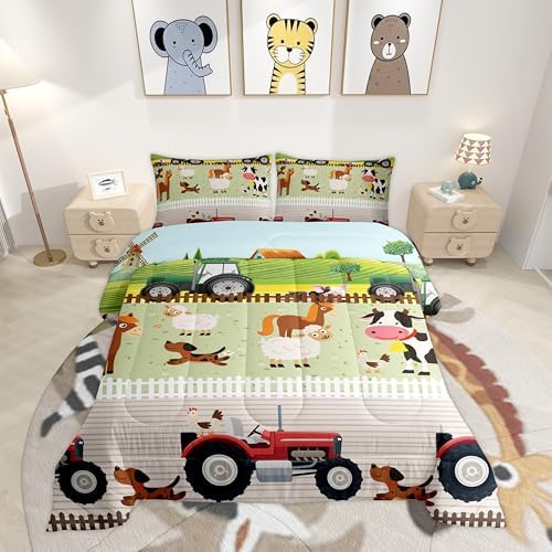 Tractor Bedding Sets for Boys Full Size Toddler Kids Cute Cartoon Farm Animals Comforter Set Girls Children Farmhouse Country Down Comforter for All Season Colorful Room Decor Nature Theme Duvet Set