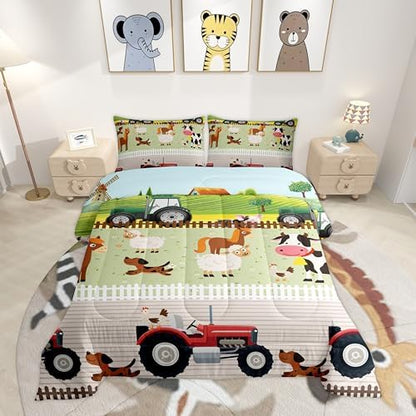 Tractor Bedding Sets for Boys Twin Size Toddler Kids Cute Cartoon Farm Animals Comforter Set Girls Children Farmhouse Country Down Comforter for All Season Colorful Room Decor Nature Theme Duvet Set