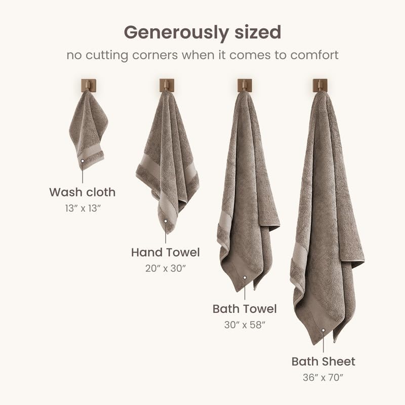 BIOWEAVES 100% Organic Cotton 700 GSM Plush 6-Piece Premium Towel Set GOTS Certified, 2 Bath Towels, 2 Hand Towels & 2 Washcloths - Taupe