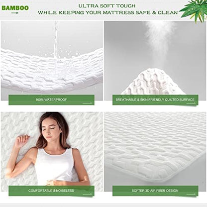 GRT Queen Size Waterproof Mattress Protector Rayon Bamboo - 3D Air Fiber Cooling Mattress Protector Cover, Breathable Mattress Pad Noiseless 8''-21'' Deep Pocket Machine Washable