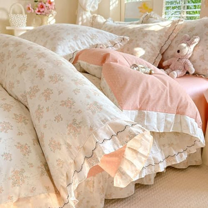 Vintage Floral Duvet Cover Set Twin, Chic Coquette Flower Botanical Bedding Set with Ruffle Lace, French Style 100% Cotton Cottagecore Duvet Cover, Aesthetic Flower Princess Lace Bedding Set Twin