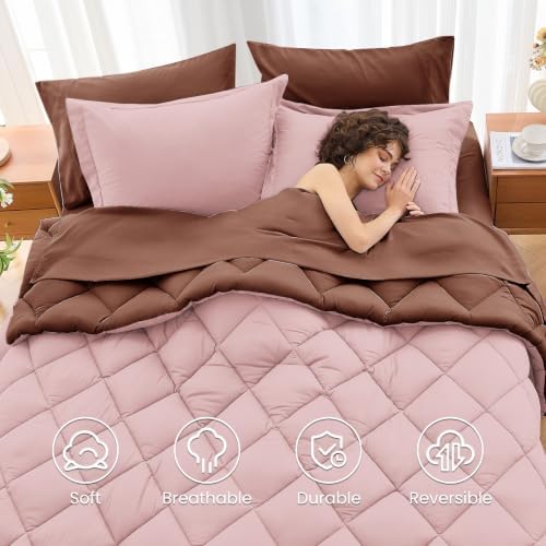 MUXHOMO 7 Pieces King Comforter Set, Reversible Bed in a Bag King Size, All Season Bedding Set with Comforter, Flat Sheet, Fitted Sheet, Pillowcases & Shams, Rose Gold & Mocha