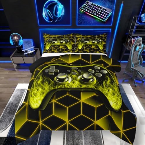 Yellow Gaming Comforter Set for Boys - Neon Geometric Toddler Bedding with 3D Geometric Kids Comforter Set, Flame Gaming Consoles Decor