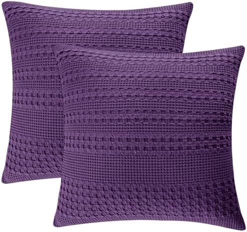 PHF 100% Cotton Waffle Weave Euro Sham Covers, 2 Pack 26" x 26" Bed Pillow Covers for Elegant Home Decor, No Filling, Luxury Aesthetic Soft Euro Pillow Cases for Bed, Grape