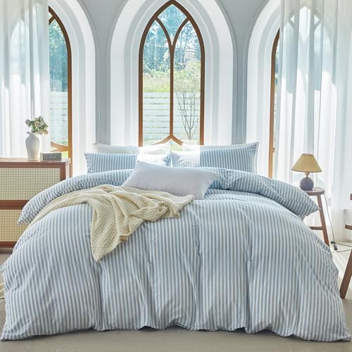 Striped Duvet Cover Set Queen Size 3 Pcs 100% Washed Cotton Linen Like Textured Natural Wrinkle Comfy Breathable (Queen, Classic Stripe-Light Blue/White)