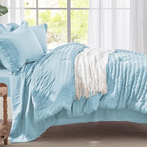 Queen Comforter Set 7 Piece, Light Blue Bed in a Bag Queen Bedding Sets