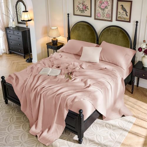 SONORO KATE 100% French Linen Queen Size Sheets Set,Natural Flax Bedding