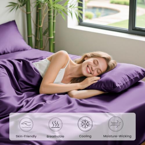 Love's cabin 4 Piece Queen Sheet Set, 100% Rayon Derived from Bamboo, Cooling & Breathable, Soft Silky Deep Pocket up to 16", Hotel Luxury Bedding for Hot Sleepers, Purple
