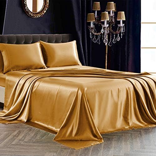 SiinvdaBZX 3Pcs Satin Sheet Set Twin Size 15-Inch Deep Pocket, Gold