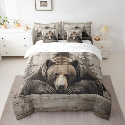 Erosebridal 7 Pcs Grizzly Bear Bedding Set Twin Hunting Bear Comforter Set for Kids Boys Girls Rustic Woodland Cabin Bed in a Bag Vintage Farmhouse Animal Sheet Set with Comforter Pine Tree Decor