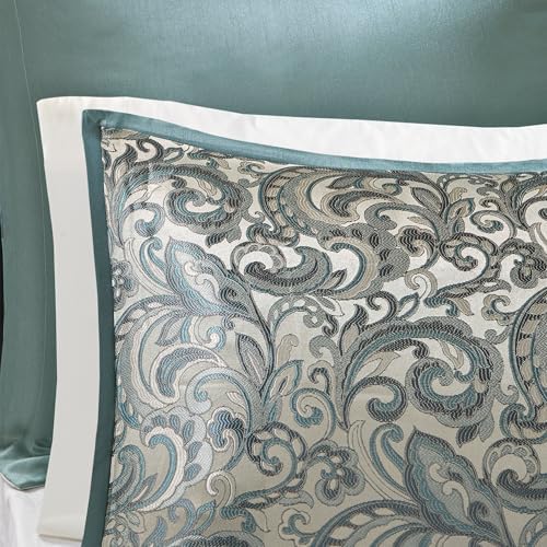 Madison Park Jacquard Paisley Cal King Faux Silk Comforter Set, 24pc,Teal