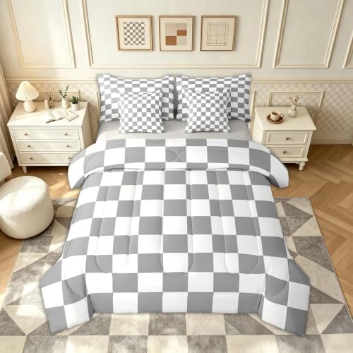 Checkered Retro Comforter Set King Size 7 Pieces Grey Plaid Bedding Set for Kids Boys Girls Geometric Vintage Bed in a Bag Modern Simple Groovy Aesthetic Bedroom Decor All Season Quilted Lightweight