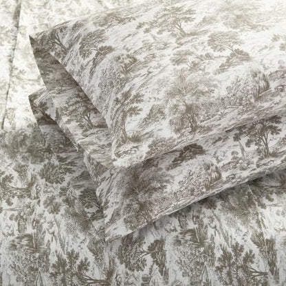 Martha Stewart - Full Sheet Set with Fitted Sheet & Pillowcases, Cotton Percale Bedding with a Smooth Feel, Deep Pocket, Amelie Toile Brown