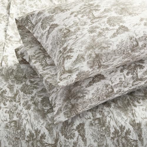 Martha Stewart - Queen Sheet Set with Fitted Sheet & Pillowcases, Cotton Percale Bedding with a Smooth Feel, Deep Pocket, Amelie Toile Brown