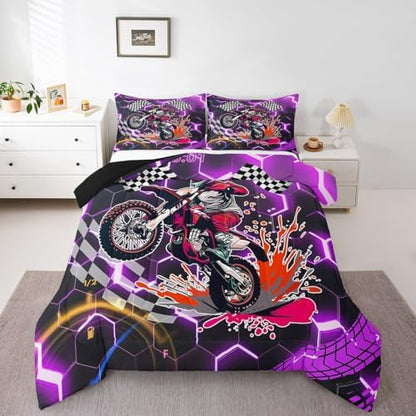 Racing Motorcycle Comforter Set Queen Purple Neon Lights Honeycomb Bedding Set Dirt Bike Motocross Quilt Glitter Geometric Hexagon Beehive Duvet Insert,Black White Grid Lattice Buffalo Plaid Decor