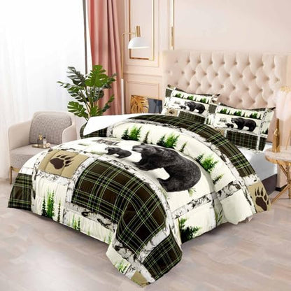 LUVIVIHOME 3PCS Rustic Cabin Bedding, Black Bear Comforter Set Queen Size, Country Lodge Farmhouse Forest Animal Wildlife Hunting Log Cabin Bedroom Decor, Green Plaid Patchwork Quilt, 2 Pillow Shams