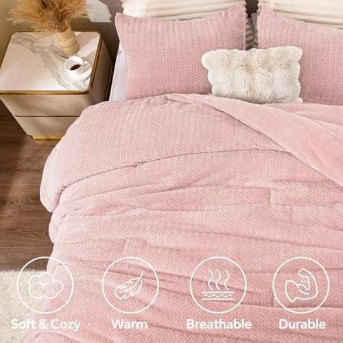 ChiXpace Fleece King Size Comforter Set Pink, Fluffy Bed Set 3 Pieces