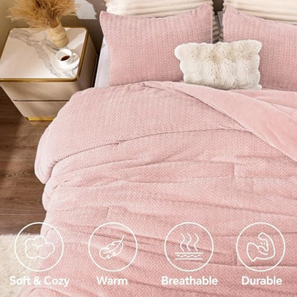 ChiXpace Fleece King Size Comforter Set Pink, Fluffy Bed Set 3 Pieces