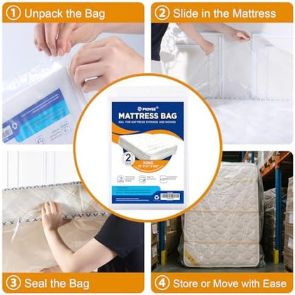 2 Pack King/Cal King Mattress Bag for Moving and Storage, Clear Plastic Mattress Cover for Moving, Waterproof Mattress Disposal Bags