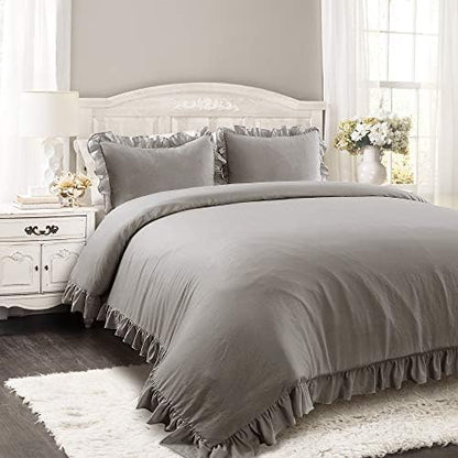 Lush Decor Reyna Ruffle Comforter Set - 3 Piece Cozy Ruffled Bedding Set - Timeless Elegance and Comfort for Dorm Room - Full/ Queen, Gray