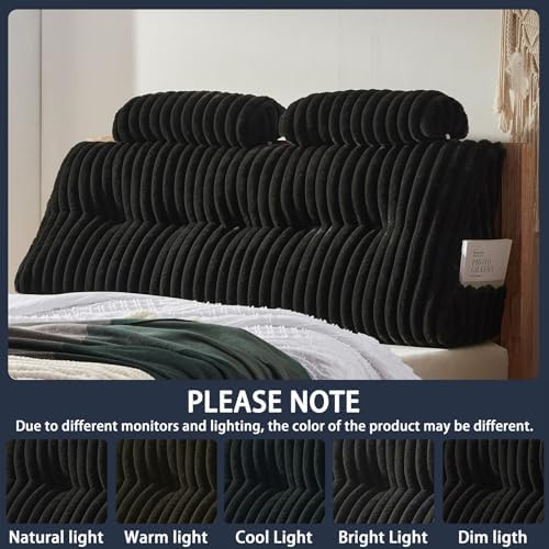 Rycwola Faux Fur Headboard Pillow with 2 Pack Neck Roll Pillow Large Headboard Pillow Soft and Supportive with Removable Cover (Black, Full)