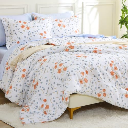 MUXHOMO Orange Blossom Full Comforter Set, Elegant Floral Print Bed in a Bag 7 Pieces, Ultra Soft & Breathable Reversible Botanical Pattern Bedding Set with Comforter, Sheets, Pillowcases, and Shams