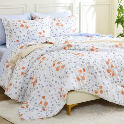 MUXHOMO Orange Blossom Full Comforter Set, Elegant Floral Print Bed in a Bag 7 Pieces, Ultra Soft & Breathable Reversible Botanical Pattern Bedding Set with Comforter, Sheets, Pillowcases, and Shams