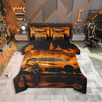 jejeloiu Kids Race Car Comforter Set with Sheets King Size Extreme Sport Games Bedding Set for Boys Girls Bedroom Decor Modern Orange Bed in a Bag Soft Lightweight Microfiber