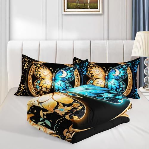 Butterfly Comforter Boho Bedding Sets Full Size,Blue Gold Sun and Moon Printed Comforter Bedding Sets for Kids Teens Girls Room Decor,Aesthetics Butterfly Comforter Sets with 2 Pillowcases.
