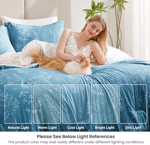 Love's cabin Mineral Blue Comforter Set Queen - Queen Size Comforter Set, 3 Pieces Cute Floral Bedding Sets for All Seasons,1 Soft Reversible Botanical Flowers Comforter and 2 Pillow Shams