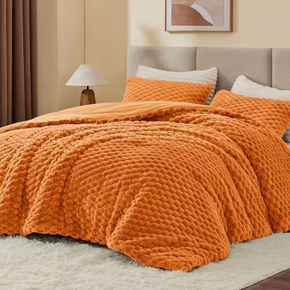 BEDELITE Fluffy Full Comforter Set, Burnt Orange Fleece Bed Set 3 Pieces