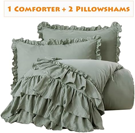 Masaca Green Ruffled Comforter King Size,Farmhouse Shabby Ruffle Rustic Aesthetic Green Bedding Extra Soft 3PCS (1 Ruffle Comforter and 2 Pillowcases)