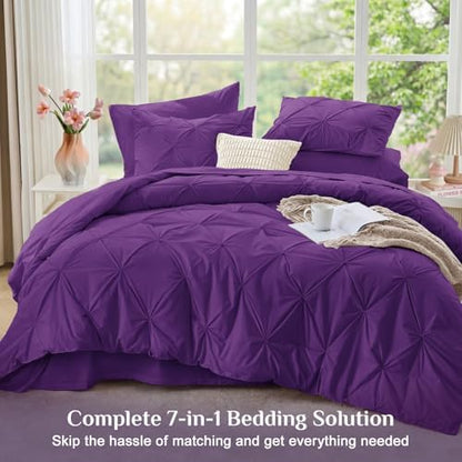 JOLLYVOGUE Full Size Comforter Sets 7 Pieces - Bed in a Bag Full for All Season, Pintuck Bedding Comforter Sets with Comforter, Flat Sheet, Fitted Sheet and Pillowcases & Shams, Purple