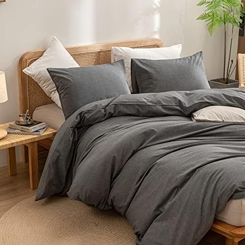 BESTOUCH Cotton Solid Duvet Cover Set Linen Feel Dark Grey Queen